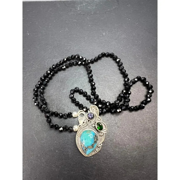 Black spinel and turquoise multi gem sterling silver pendant necklace - Picture 6 of 11